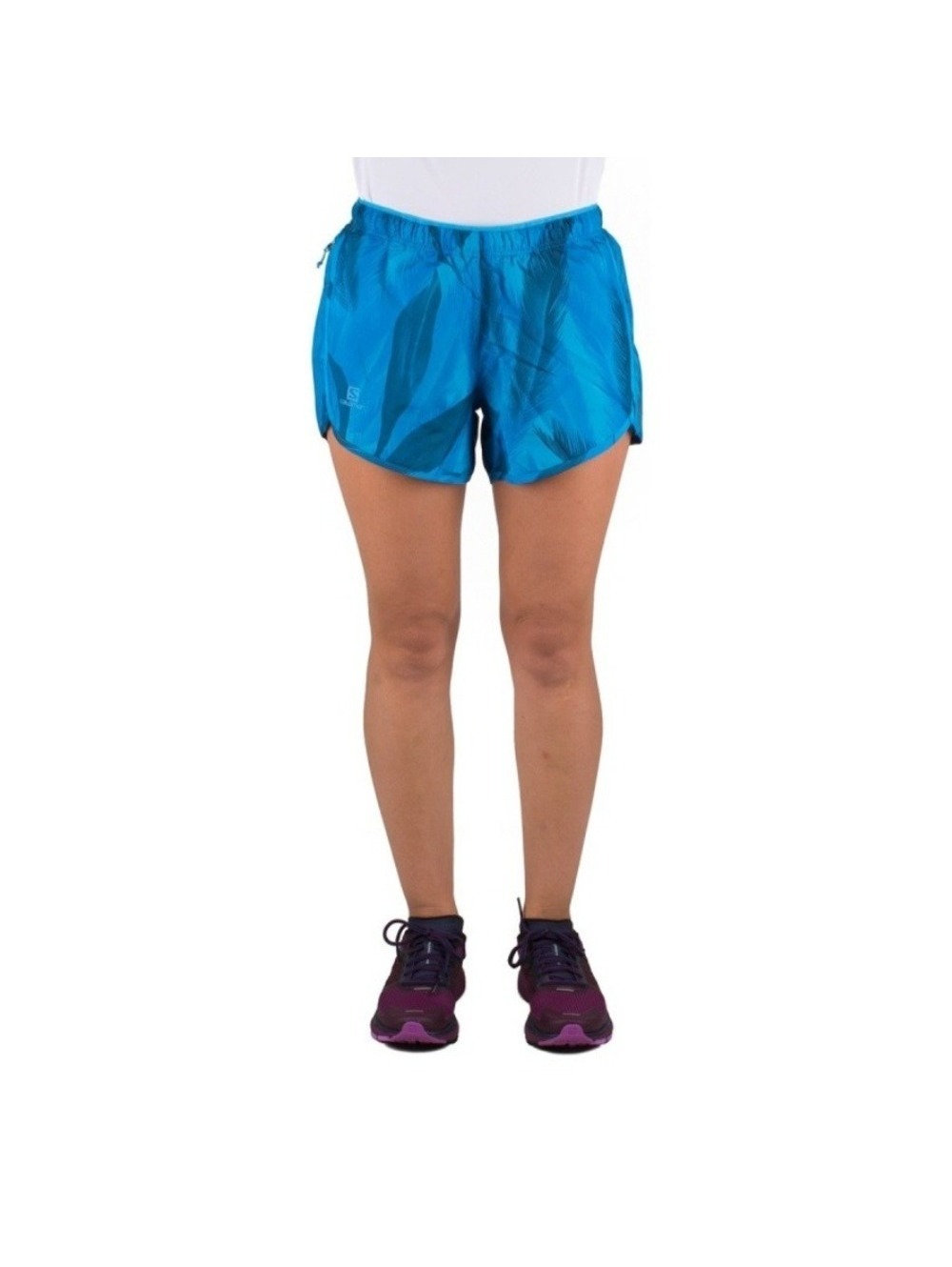 Salomon Women's Blue Tropical Palm Print Zip Pocket Agile Running Shorts Size M